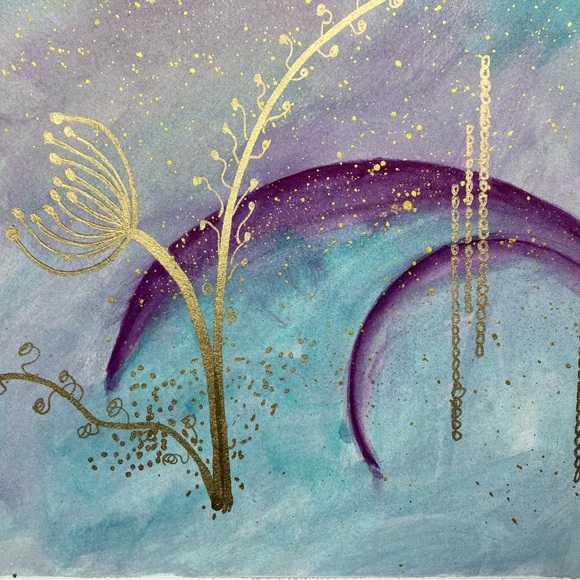 Abstract Original Watercolor Gold Leaf Floral Green & Purple Painting, 9x12 - Picture 10 of 12